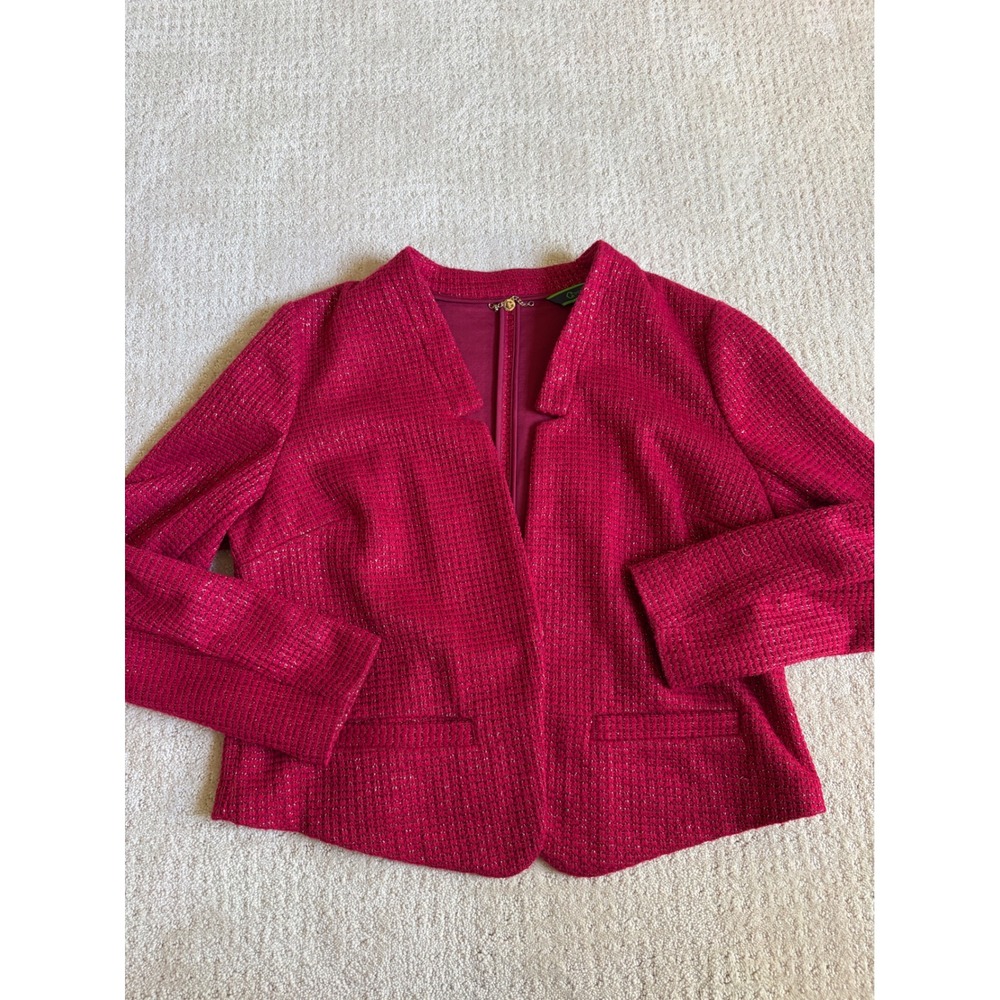 C. Wonder Blazer L Red Metallic Tweed Open Front Cropped Jacket Festive Office